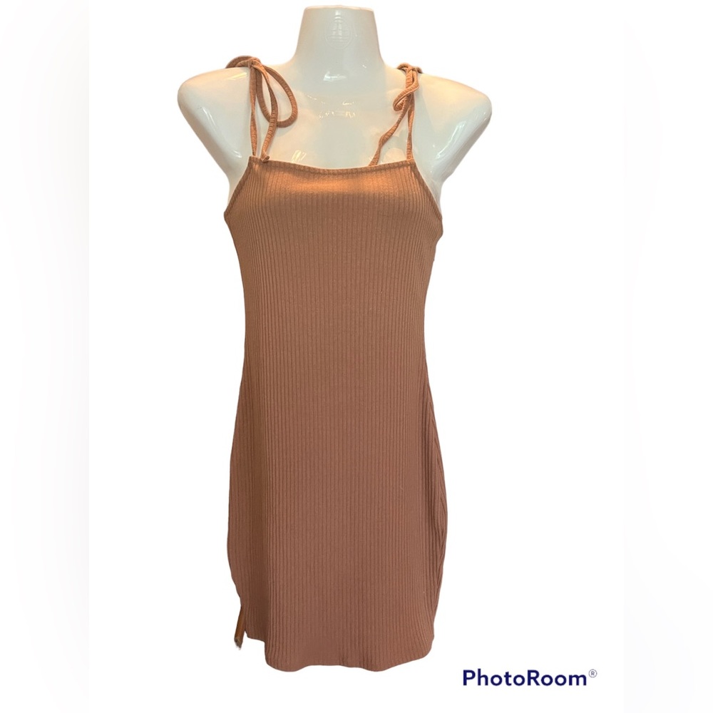 LA Hearts Tan Ribbed Bodycon Tank Dress Small Tie Shoulder minidress
